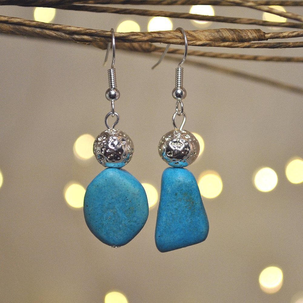 Blue Stone & Silver Coated Lava Rock Asymmetrical Earrings Handmade​​​​